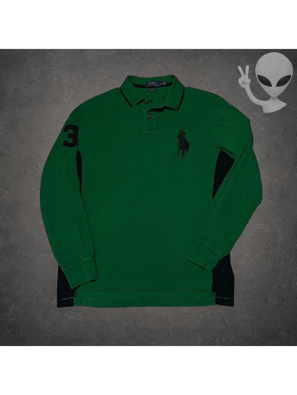Polo Ralph Lauren Big Pony Long Sleeve Polo Shirt Mens L Green Black Panel 3